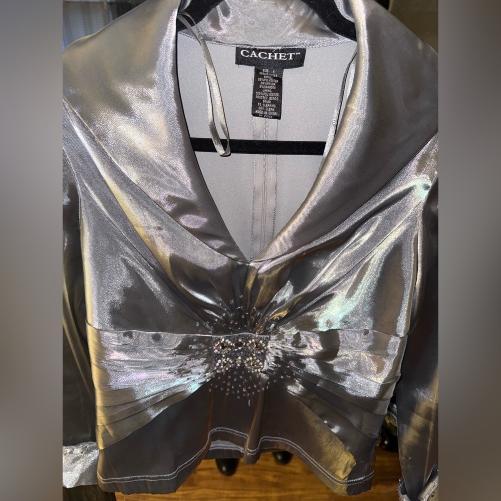 $13 Friday Cachet Silver Satin Top with Embellishments at the waist and sleeve